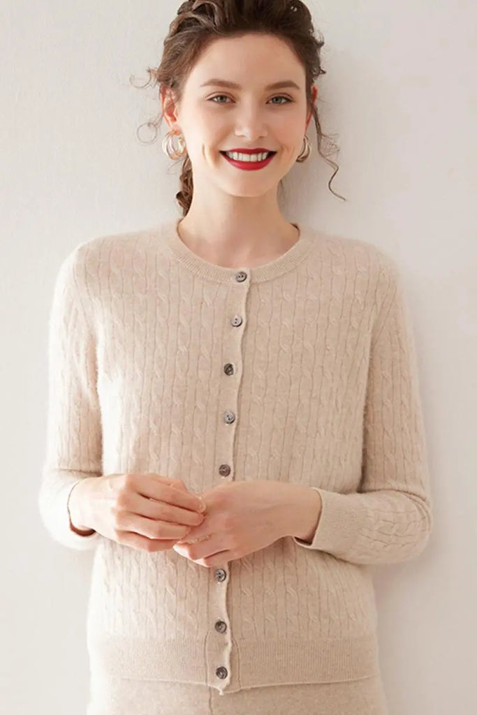 Fibflx Women's 100 Cashmere Cable-Knit Crewneck Cardigan