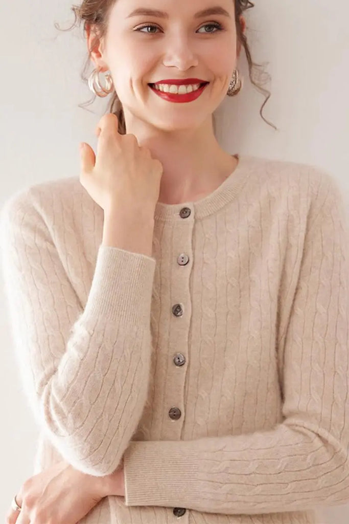 Fibflx Women's 100 Cashmere Cable-Knit Crewneck Cardigan