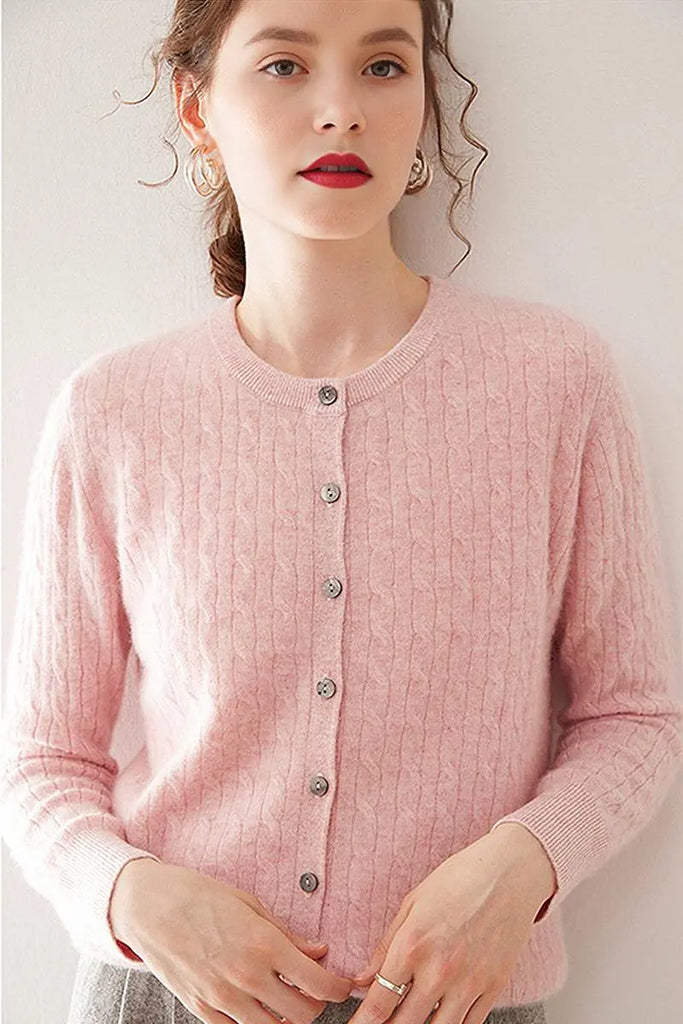 Fibflx Women's 100 Cashmere Cable-Knit Crewneck Cardigan