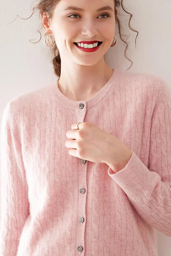 Fibflx Women's 100 Cashmere Cable-Knit Crewneck Cardigan