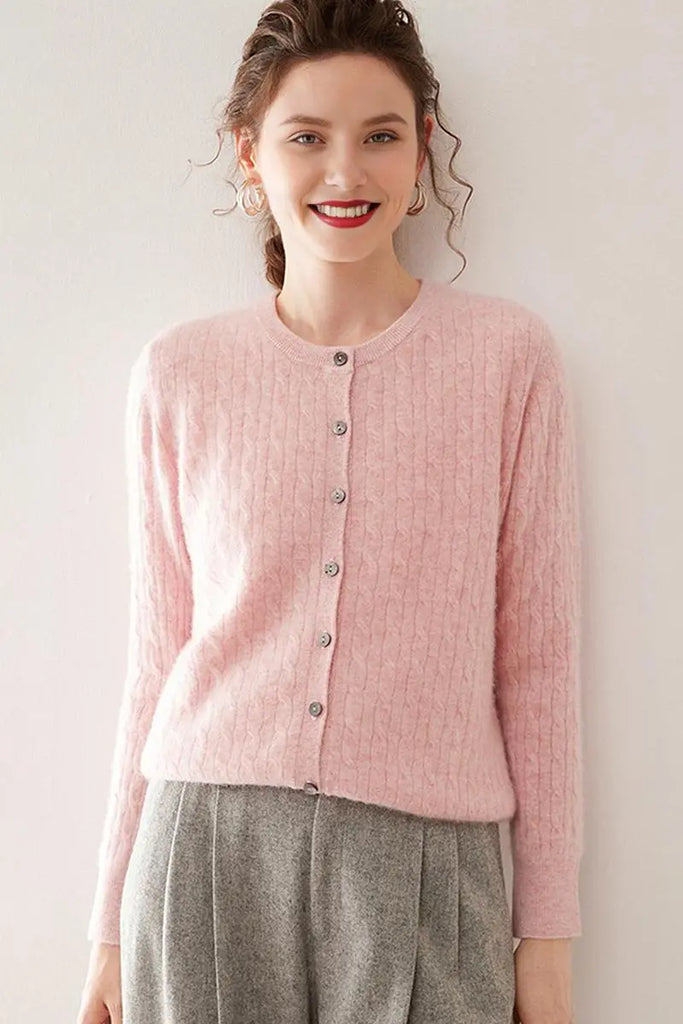 Fibflx Women's 100 Cashmere Cable-Knit Crewneck Cardigan