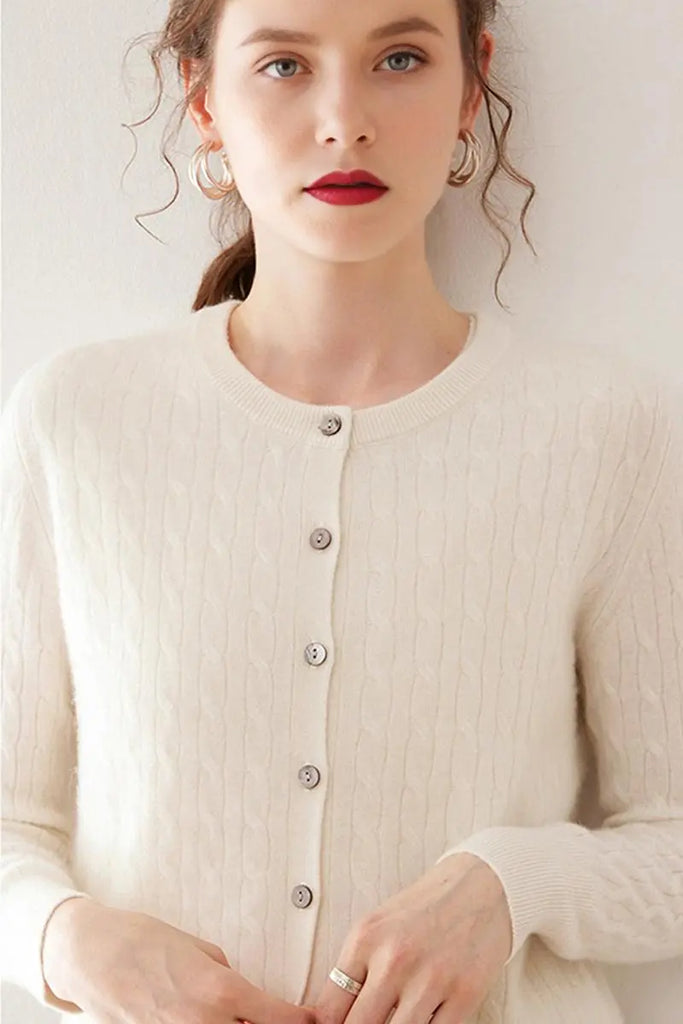 Fibflx Women's 100 Cashmere Cable-Knit Crewneck Cardigan