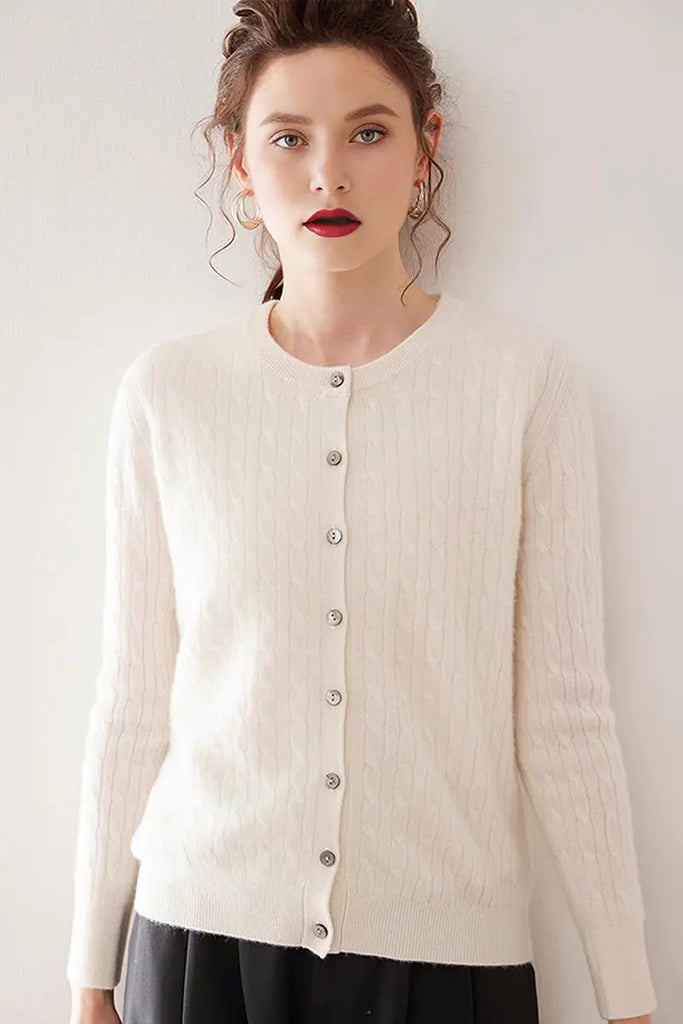 Fibflx Women's 100 Cashmere Cable-Knit Crewneck Cardigan