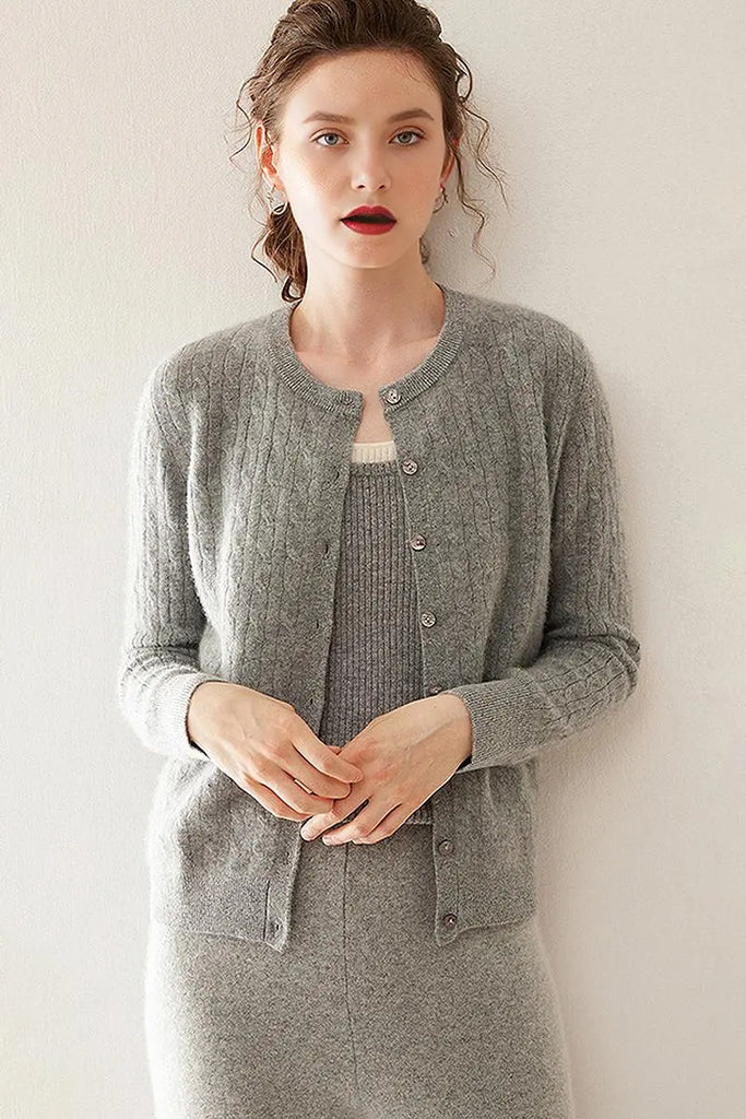 Fibflx Women's 100 Cashmere Cable-Knit Crewneck Cardigan