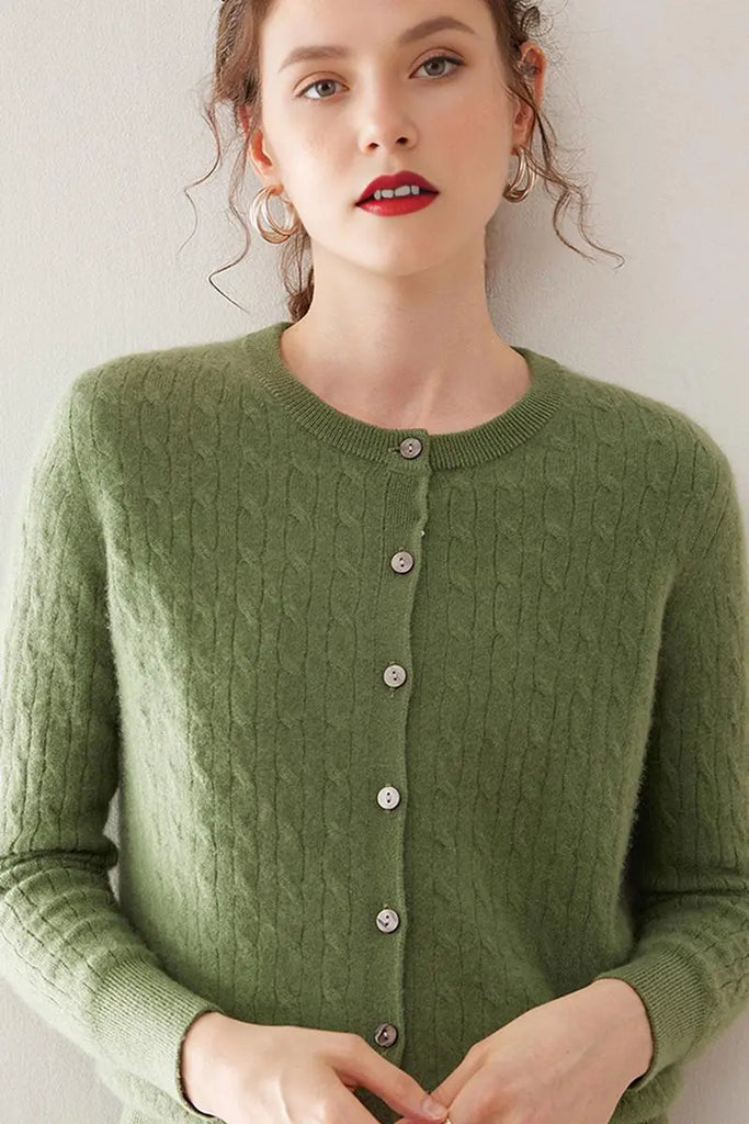 Fibflx Women's 100 Cashmere Cable-Knit Crewneck Cardigan