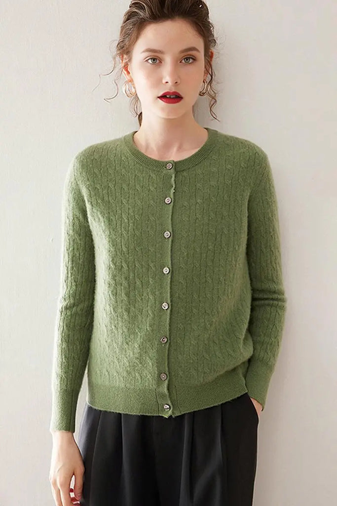 Fibflx Women's 100 Cashmere Cable-Knit Crewneck Cardigan