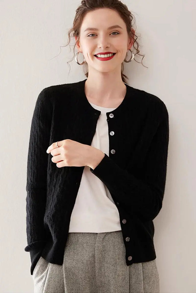 Fibflx Women's 100 Cashmere Cable-Knit Crewneck Cardigan