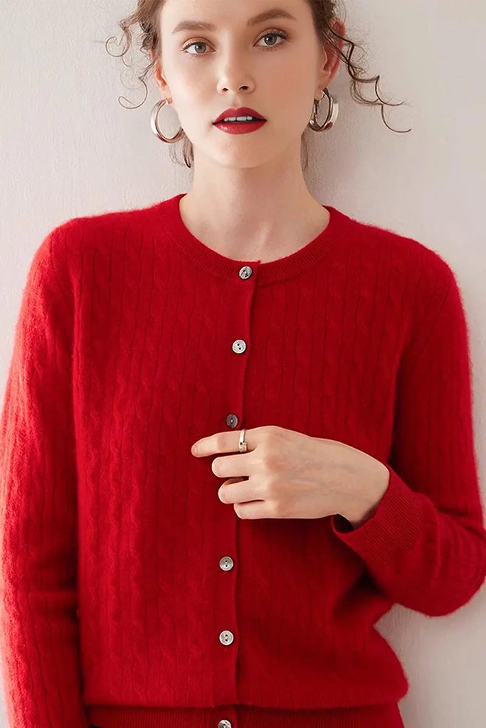 Fibflx Women's 100 Cashmere Cable-Knit Crewneck Cardigan