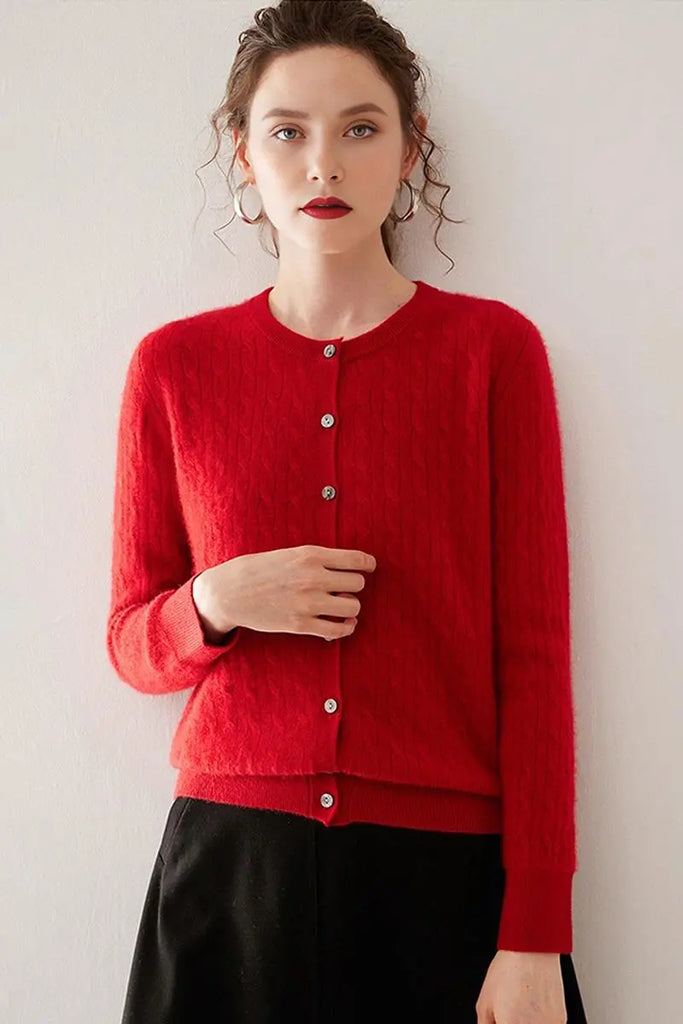 Fibflx Women's 100 Cashmere Cable-Knit Crewneck Cardigan