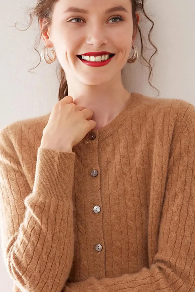 Fibflx Women's 100 Cashmere Cable-Knit Crewneck Cardigan