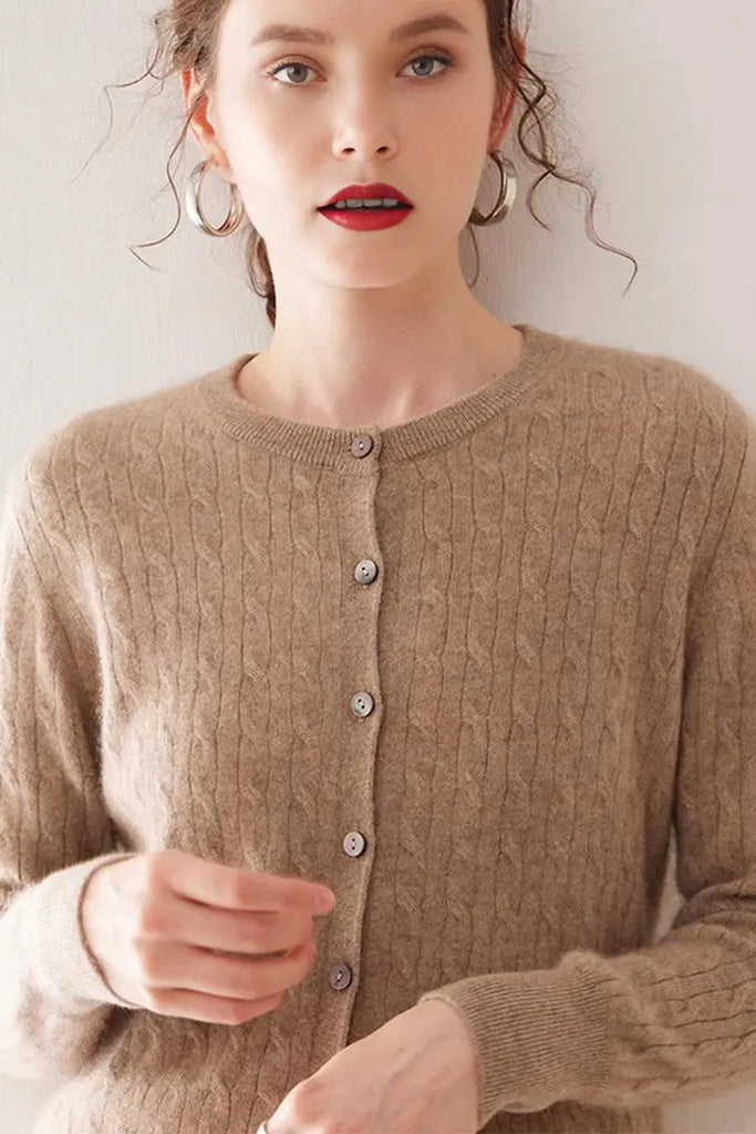 Fibflx Women's 100 Cashmere Cable-Knit Crewneck Cardigan