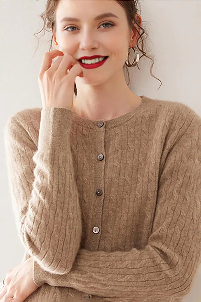 Fibflx Women's 100 Cashmere Cable-Knit Crewneck Cardigan