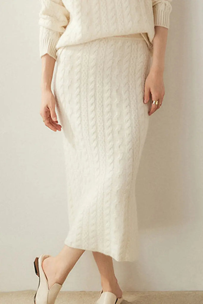 Fibflx Women's 100 Cashmere Cable Knit Midi Sweater Pencil Skirt