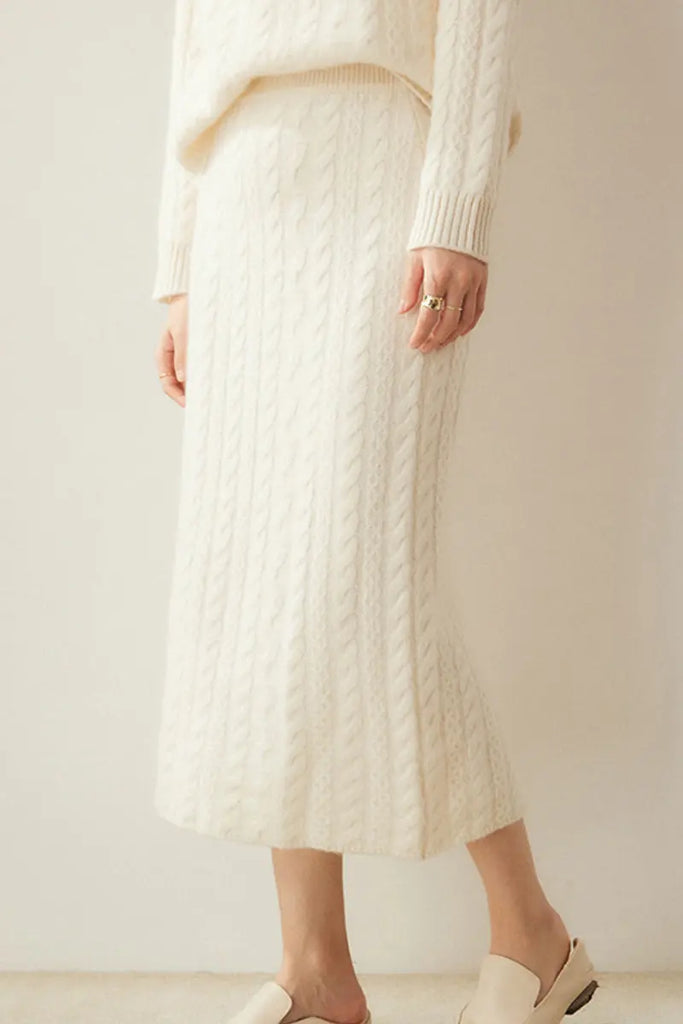 Fibflx Women's 100 Cashmere Cable Knit Midi Sweater Pencil Skirt
