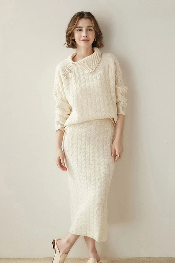 Fibflx Women's 100 Cashmere Cable Knit Midi Sweater Pencil Skirt