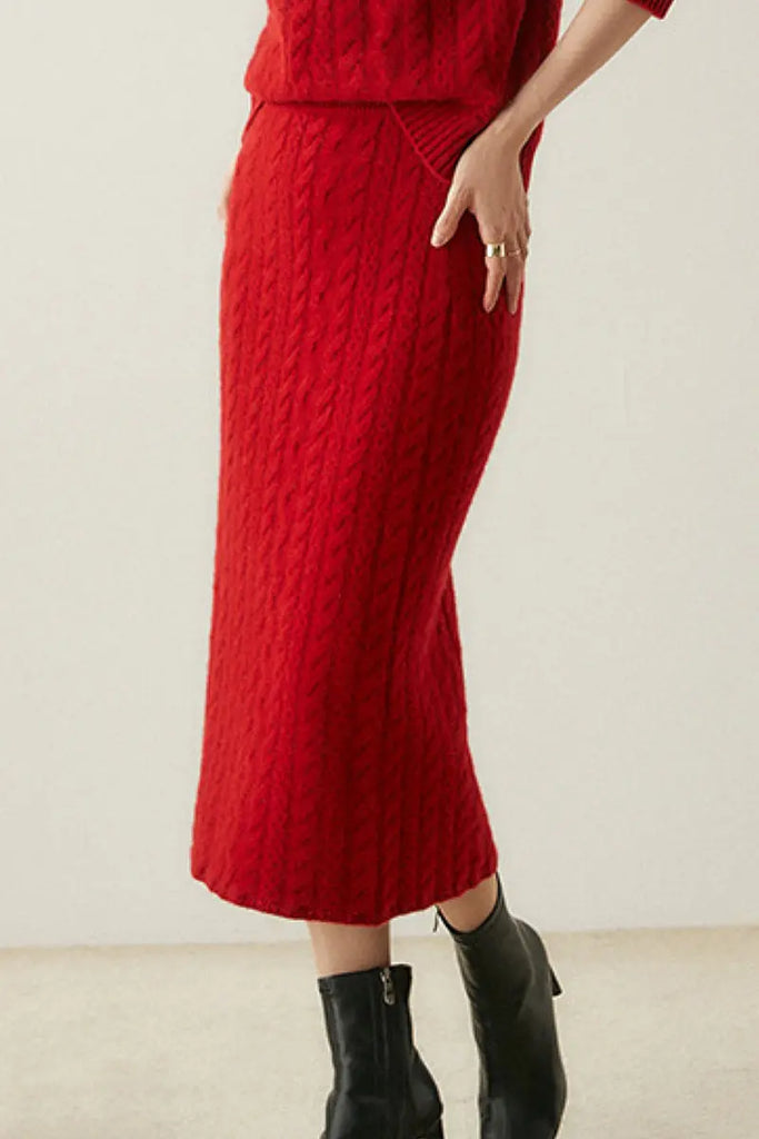 Fibflx Women's 100 Cashmere Cable Knit Midi Sweater Pencil Skirt