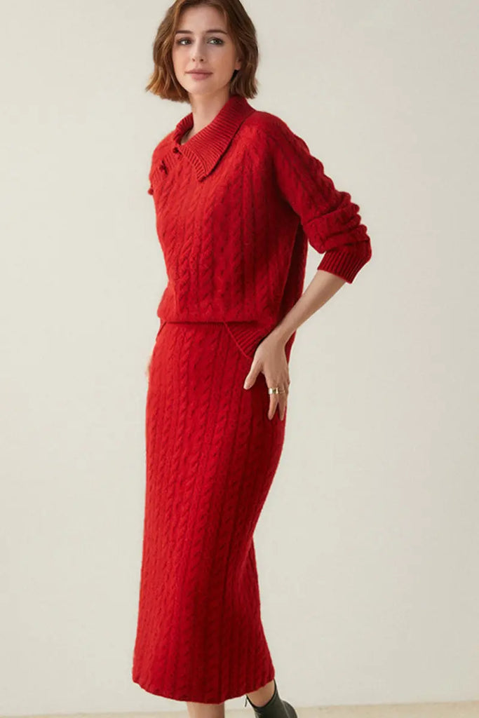 Fibflx Women's 100 Cashmere Cable Knit Midi Sweater Pencil Skirt