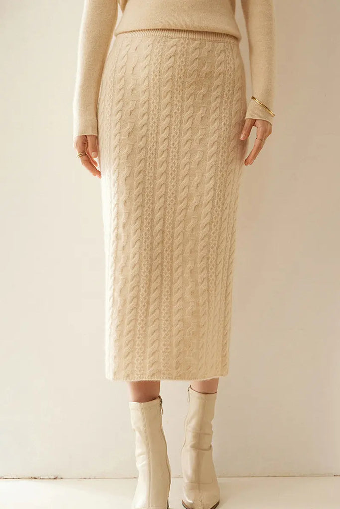 Fibflx Women's 100 Cashmere Cable Knit Midi Sweater Pencil Skirt