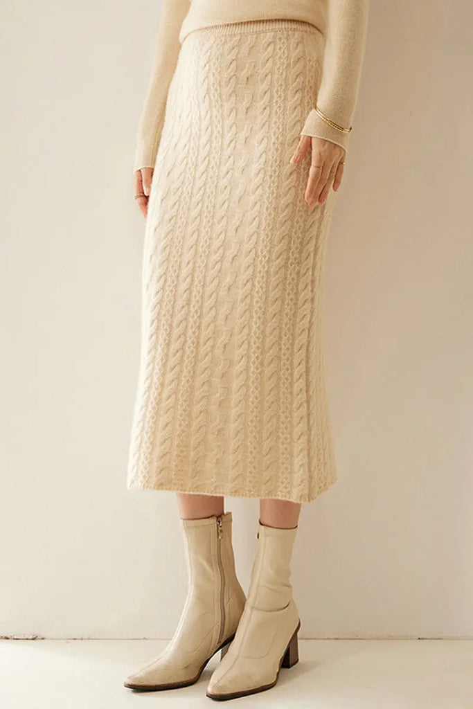 Fibflx Women's 100 Cashmere Cable Knit Midi Sweater Pencil Skirt