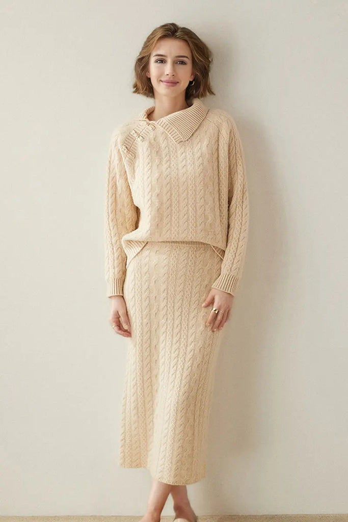 Fibflx Women's 100 Cashmere Cable Knit Midi Sweater Pencil Skirt