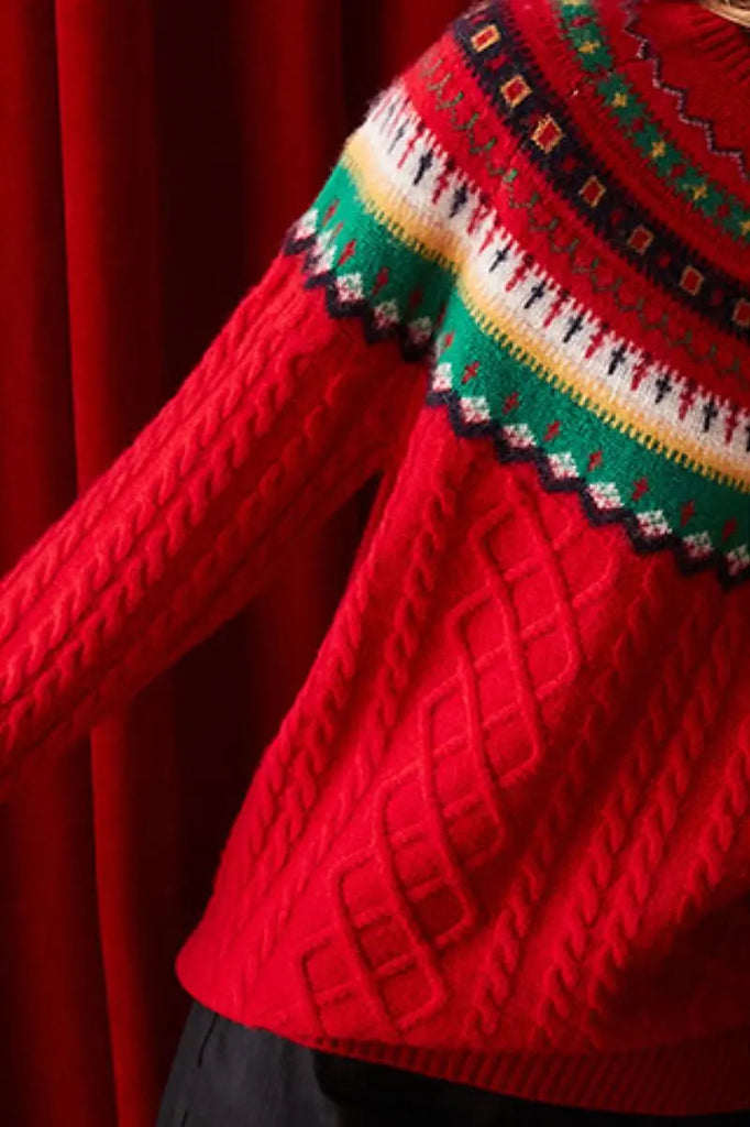 Fibflx Women's 100 Cashmere Chunky Cable Knit Fair Isle Christmas Sweater