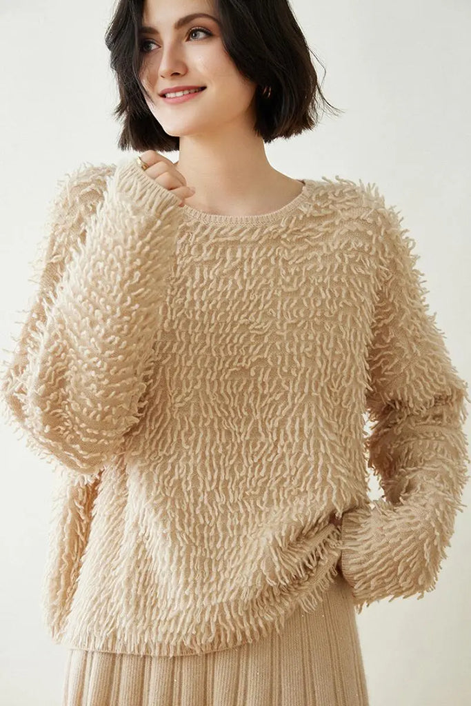 Fibflx Women's 100 Cashmere Chunky Loop-Knit Crewneck Sweater