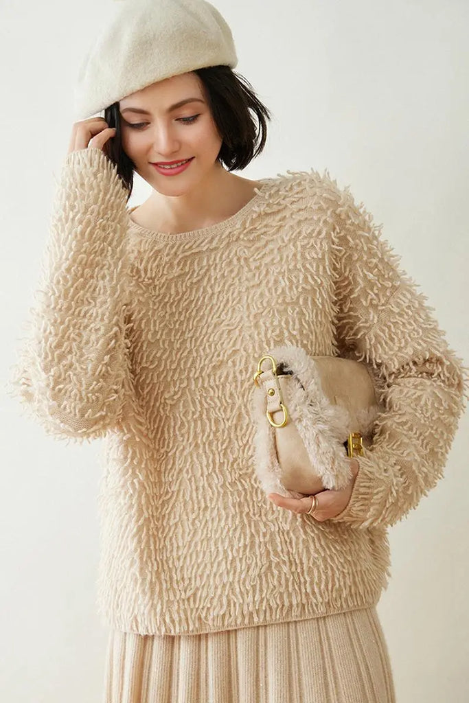 Fibflx Women's 100 Cashmere Chunky Loop-Knit Crewneck Sweater