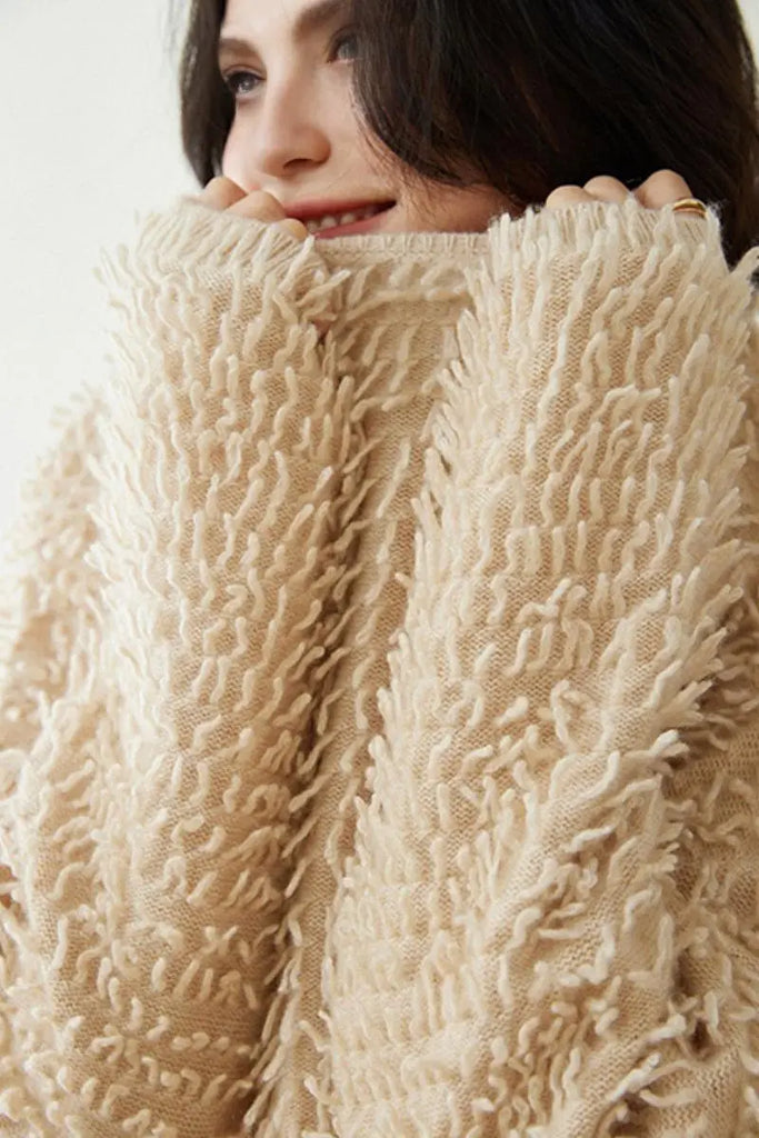 Fibflx Women's 100 Cashmere Chunky Loop-Knit Crewneck Sweater