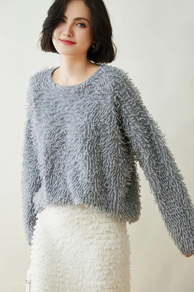 Fibflx Women's 100 Cashmere Chunky Loop-Knit Crewneck Sweater