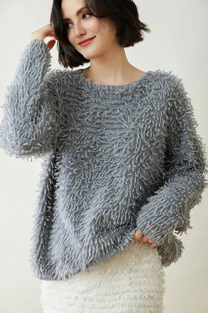 Fibflx Women's 100 Cashmere Chunky Loop-Knit Crewneck Sweater