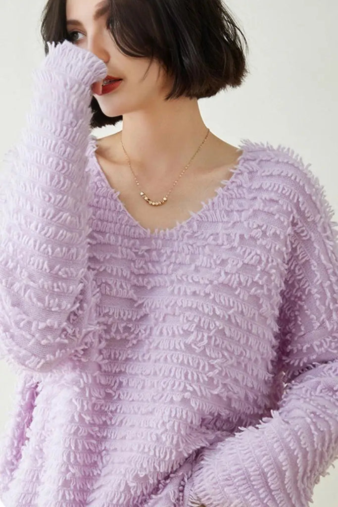 Fibflx Women's 100 Cashmere Chunky Loop-Knit V-Neck Sweater