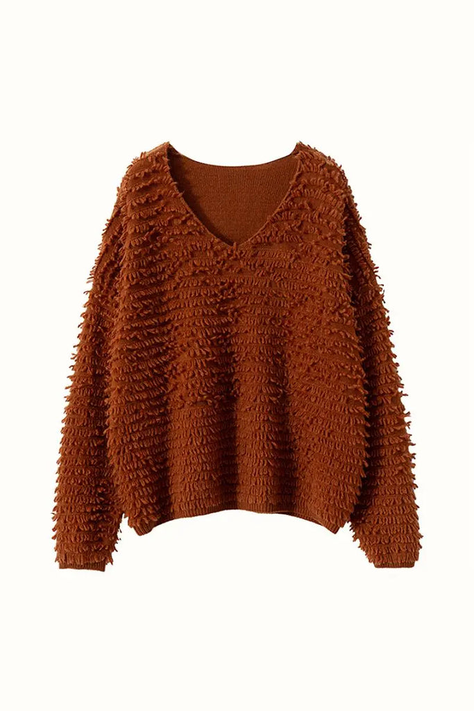 Fibflx Women's 100 Cashmere Chunky Loop-Knit V-Neck Sweater