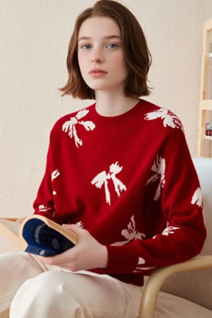 Fibflx Women's 100 Cashmere Crew Neck Bow Sweater