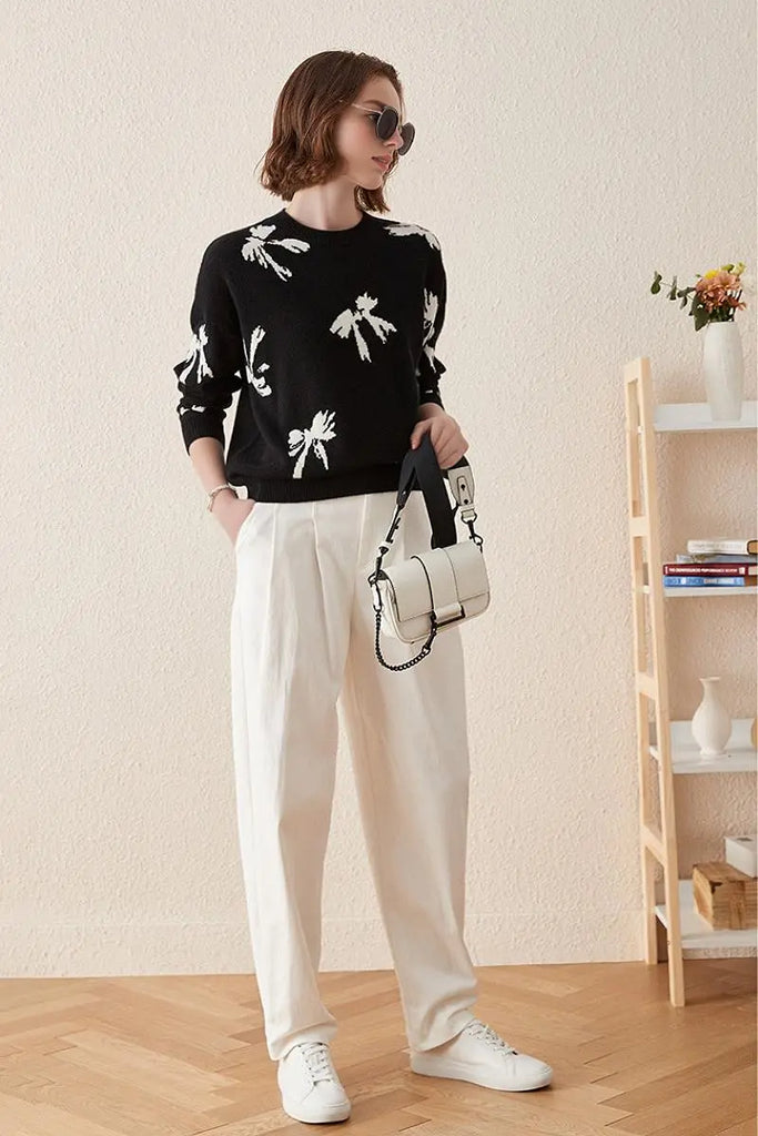 Fibflx Women's 100 Cashmere Crew Neck Bow Sweater