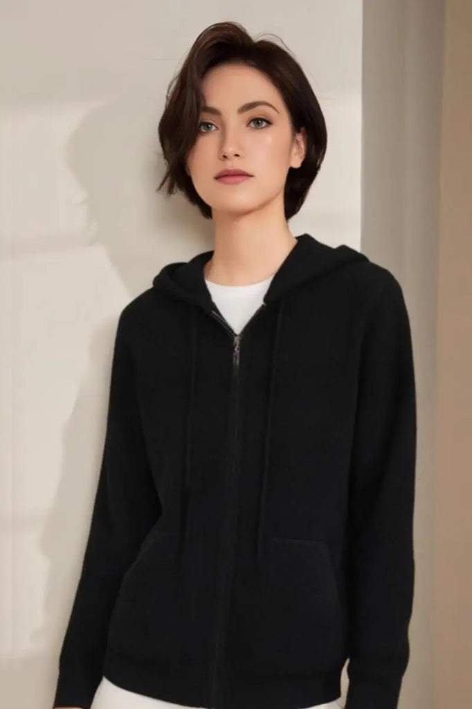 Fibflx Women's 100 Cashmere Hooded Zip-Front Sweater