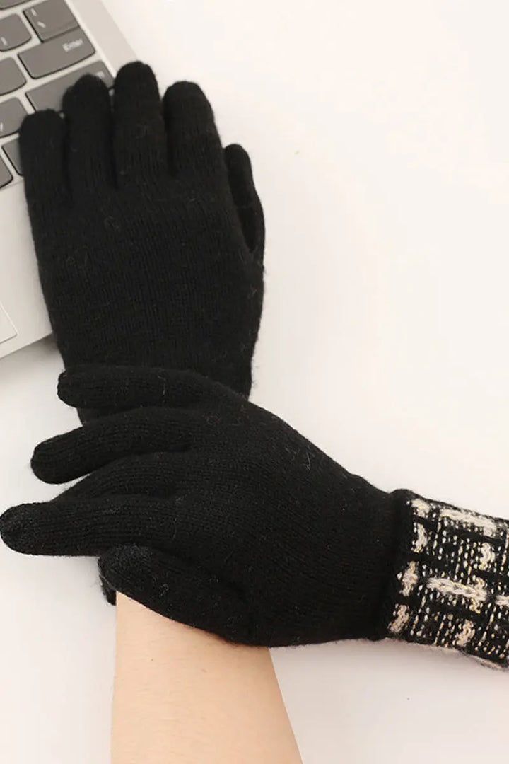 Fibflx Women's 100 Cashmere Knit Touchscreen Gloves with Tweed Cuffs