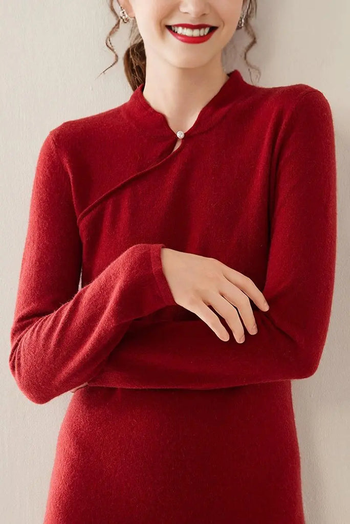Fibflx Women's 100 Cashmere Midi Sweater Dress with Mandarin-inspired Collar