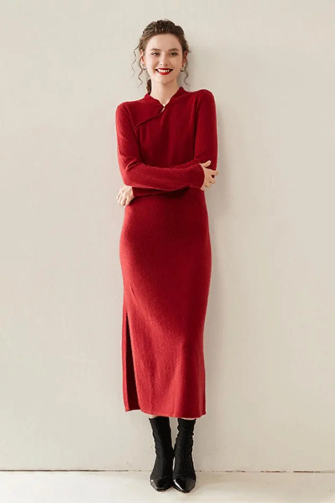 Fibflx Women's 100 Cashmere Midi Sweater Dress with Mandarin-inspired Collar