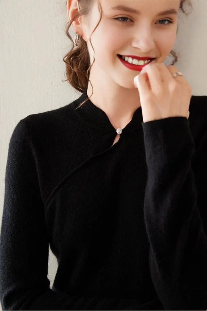 Fibflx Women's 100 Cashmere Midi Sweater Dress with Mandarin-inspired Collar