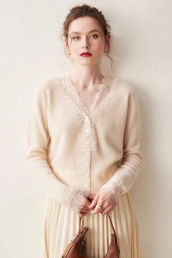 Fibflx Women's 100 Cashmere V-Neck Cardigan with Lace Trim