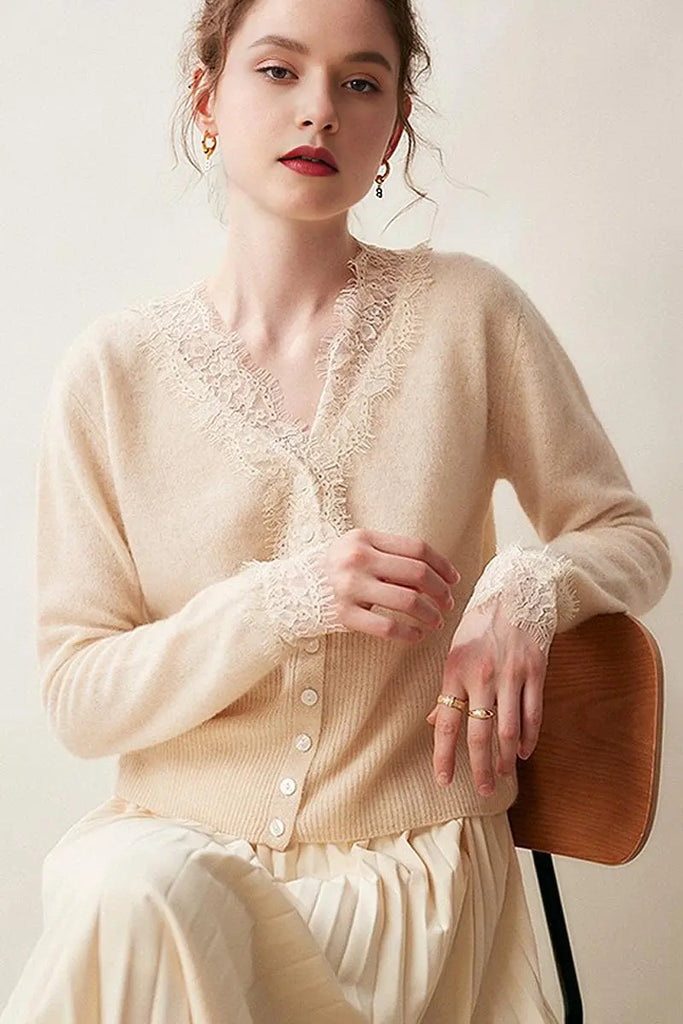 Fibflx Women's 100 Cashmere V-Neck Cardigan with Lace Trim