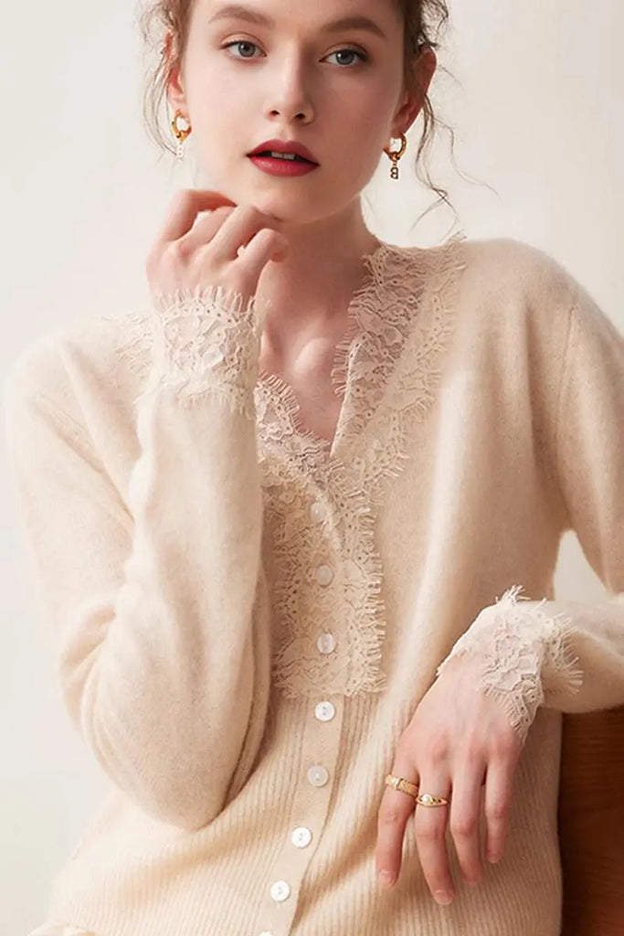 Fibflx Women's 100 Cashmere V-Neck Cardigan with Lace Trim