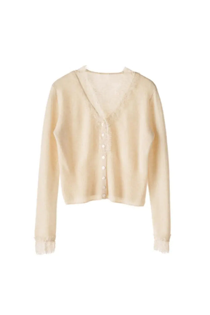 Fibflx Women's 100 Cashmere V-Neck Cardigan with Lace Trim