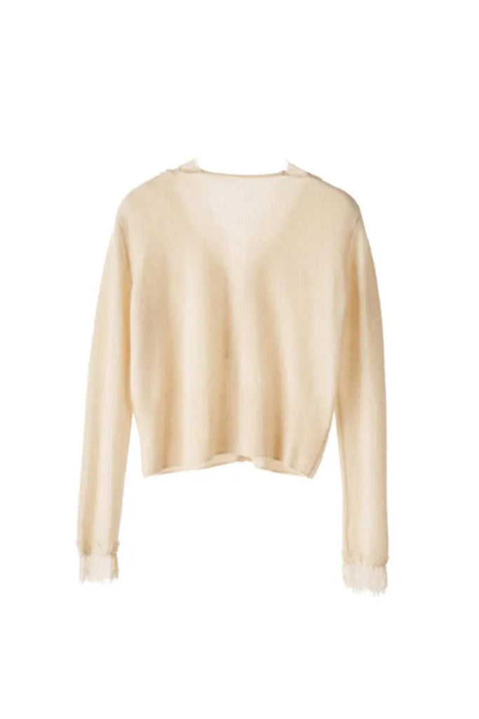 Fibflx Women's 100 Cashmere V-Neck Cardigan with Lace Trim