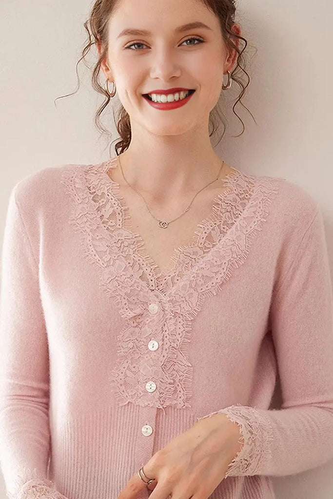 Fibflx Women's 100 Cashmere V-Neck Cardigan with Lace Trim