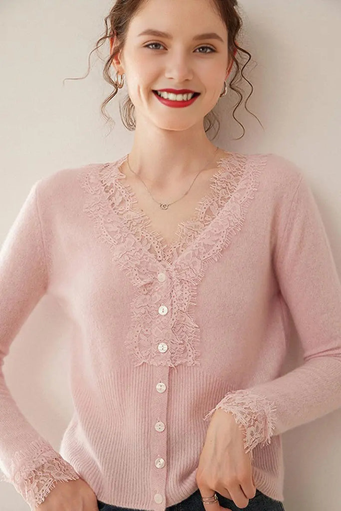 Fibflx Women's 100 Cashmere V-Neck Cardigan with Lace Trim