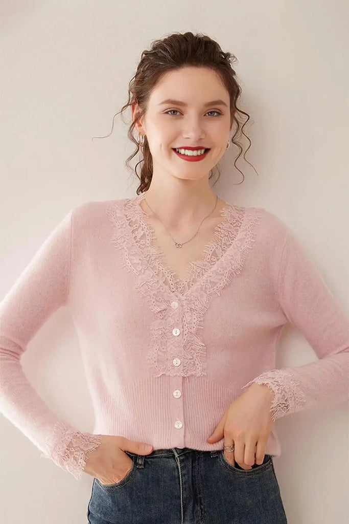Fibflx Women's 100 Cashmere V-Neck Cardigan with Lace Trim