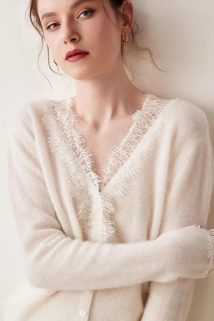 Fibflx Women's 100 Cashmere V-Neck Cardigan with Lace Trim