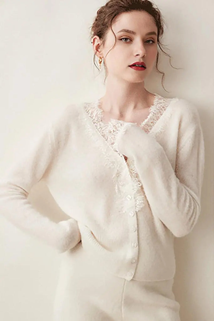 Fibflx Women's 100 Cashmere V-Neck Cardigan with Lace Trim