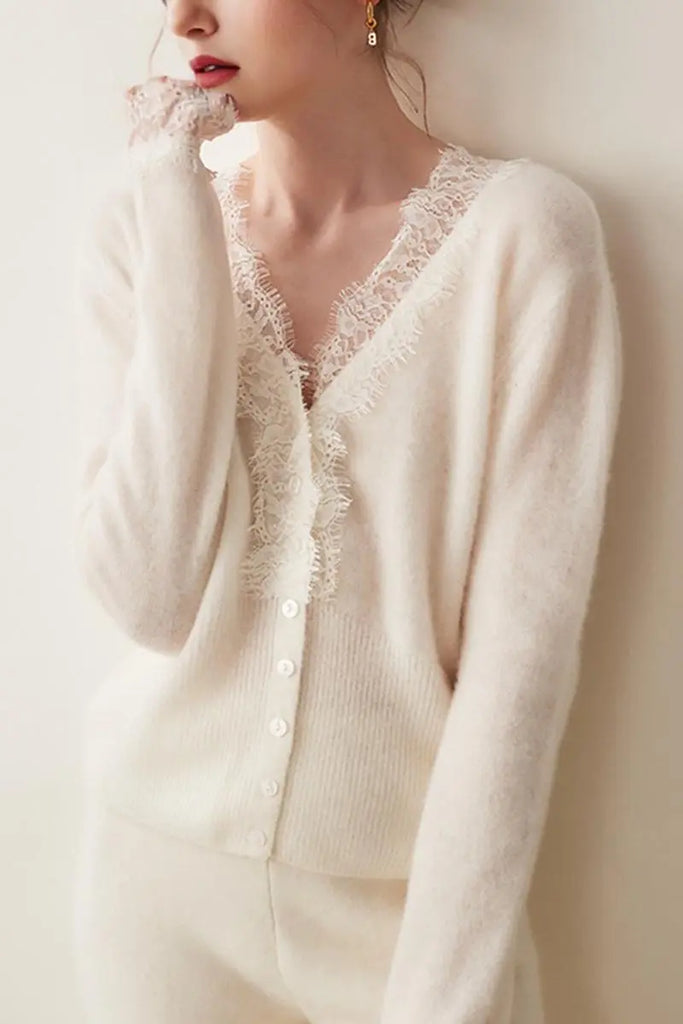 Fibflx Women's 100 Cashmere V-Neck Cardigan with Lace Trim
